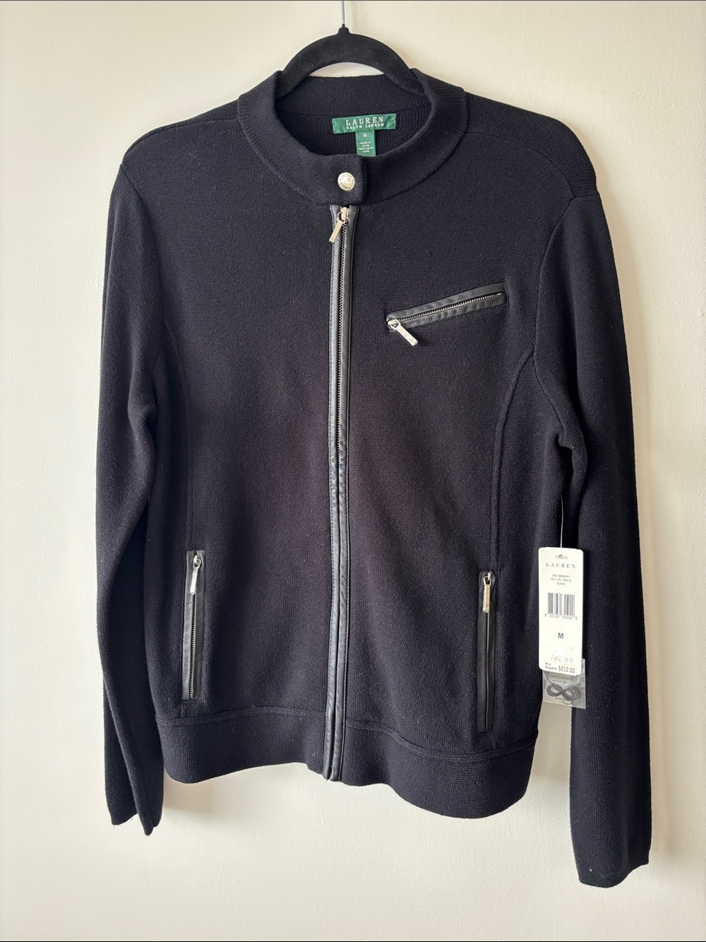 Ralph Lauren Black Zip-Up Knit Jacket with Leather-Trim Pockets